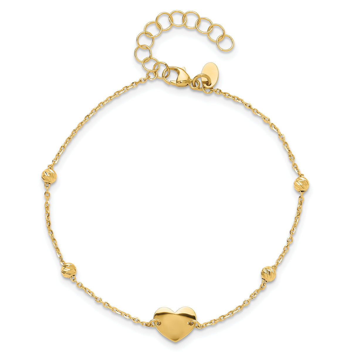 14K Polished and Diamond-cut Heart and Beads Plus 1in ext. Bracelet-SF3039-6.5