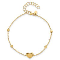 14K Polished and Diamond-cut Heart and Beads Plus 1in ext. Bracelet-SF3039-6.5