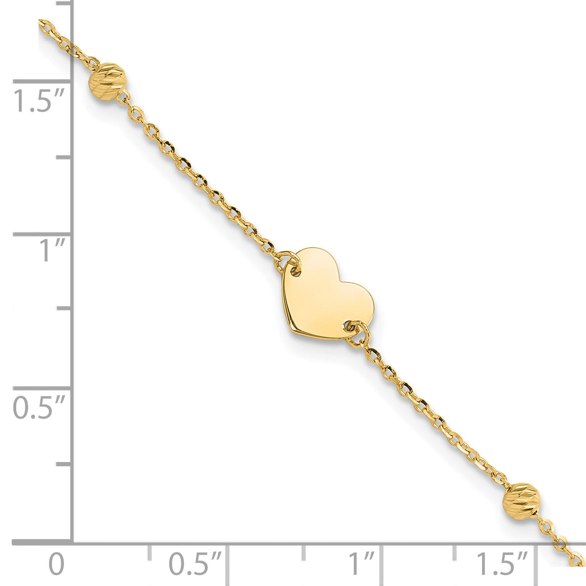 14K Polished and Diamond-cut Heart and Beads Plus 1in ext. Bracelet-SF3039-6.5