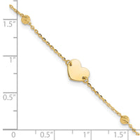 14K Polished and Diamond-cut Heart and Beads Plus 1in ext. Bracelet-SF3039-6.5