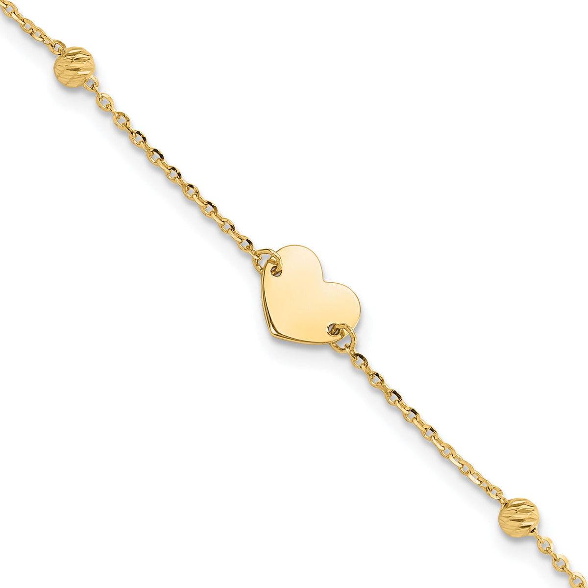 14K Polished and Diamond-cut Heart and Beads Plus 1in ext. Bracelet-SF3039-6.5