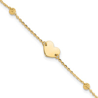 14K Polished and Diamond-cut Heart and Beads Plus 1in ext. Bracelet-SF3039-6.5