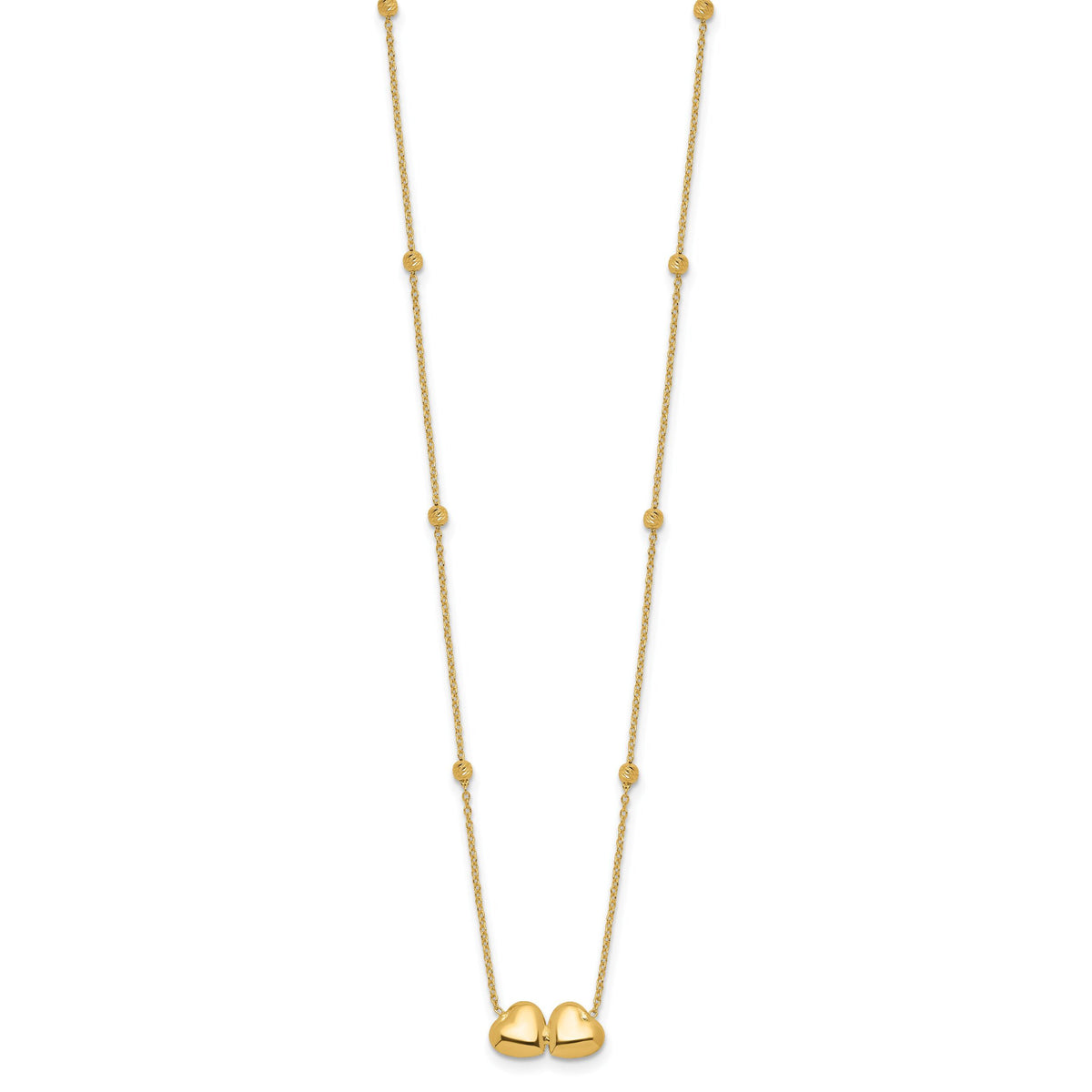 14K D/C Beaded Double Heart 16in w/2in ext. Necklace-SF3046-16