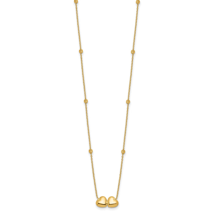 14K D/C Beaded Double Heart 16in w/2in ext. Necklace-SF3046-16