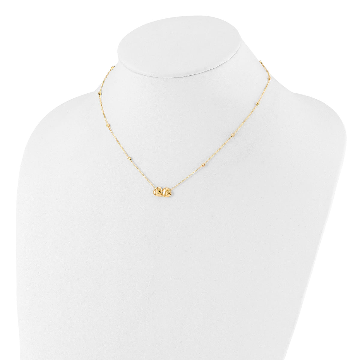 14K D/C Beaded Double Heart 16in w/2in ext. Necklace-SF3046-16
