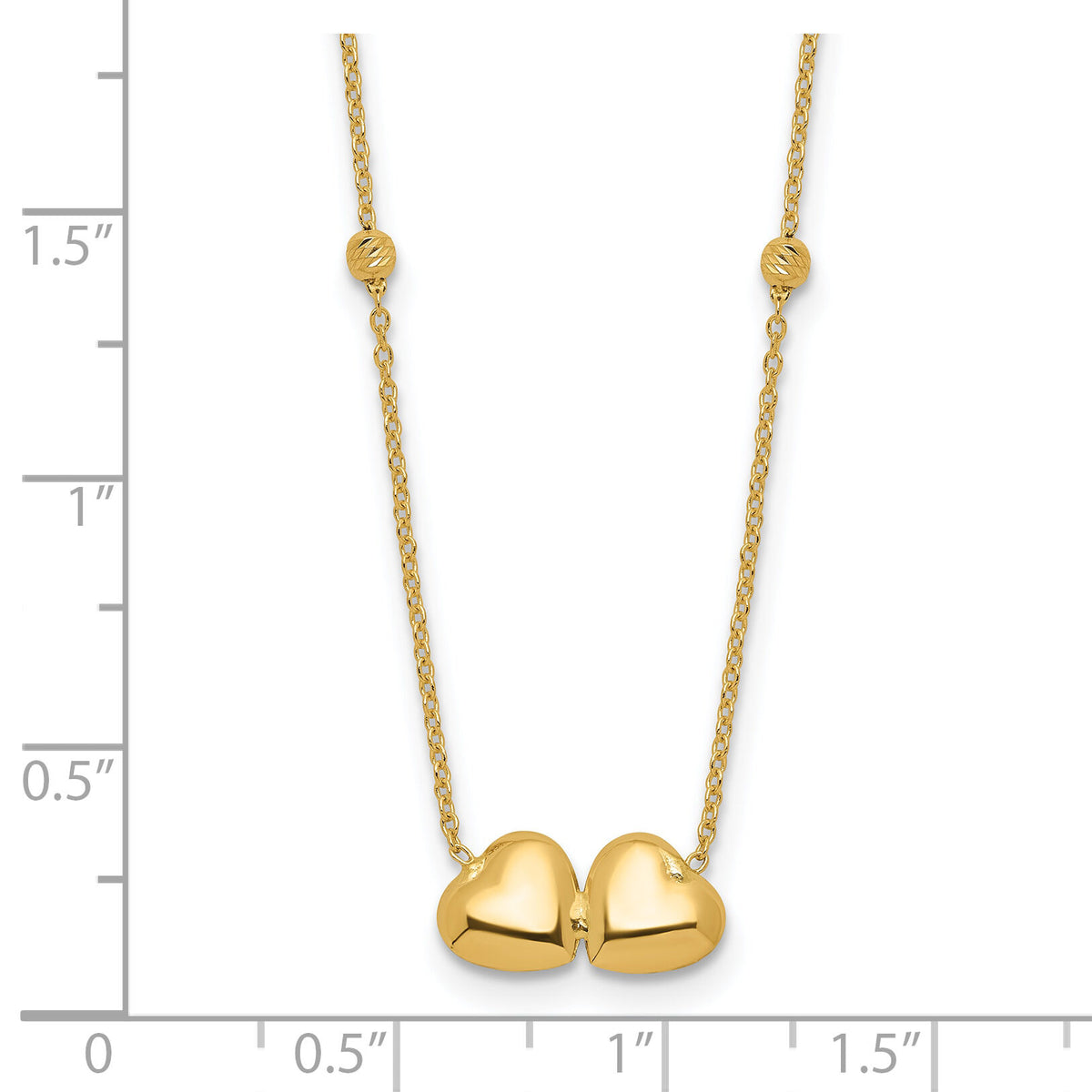 14K D/C Beaded Double Heart 16in w/2in ext. Necklace-SF3046-16