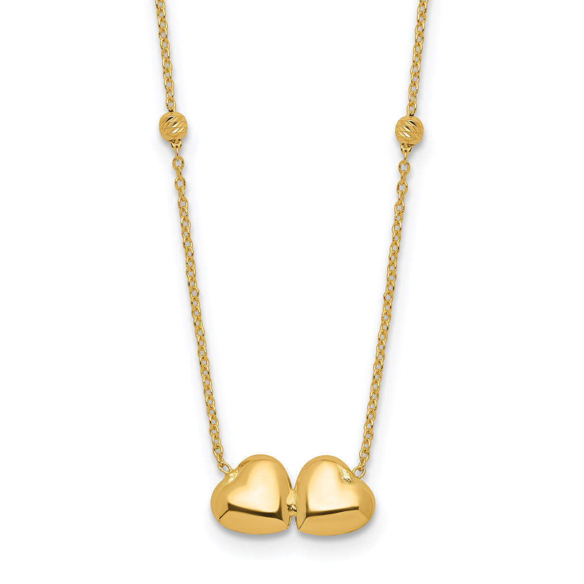 14K D/C Beaded Double Heart 16in w/2in ext. Necklace-SF3046-16