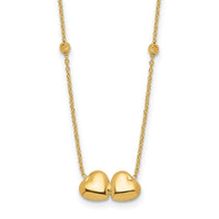 14K D/C Beaded Double Heart 16in w/2in ext. Necklace-SF3046-16