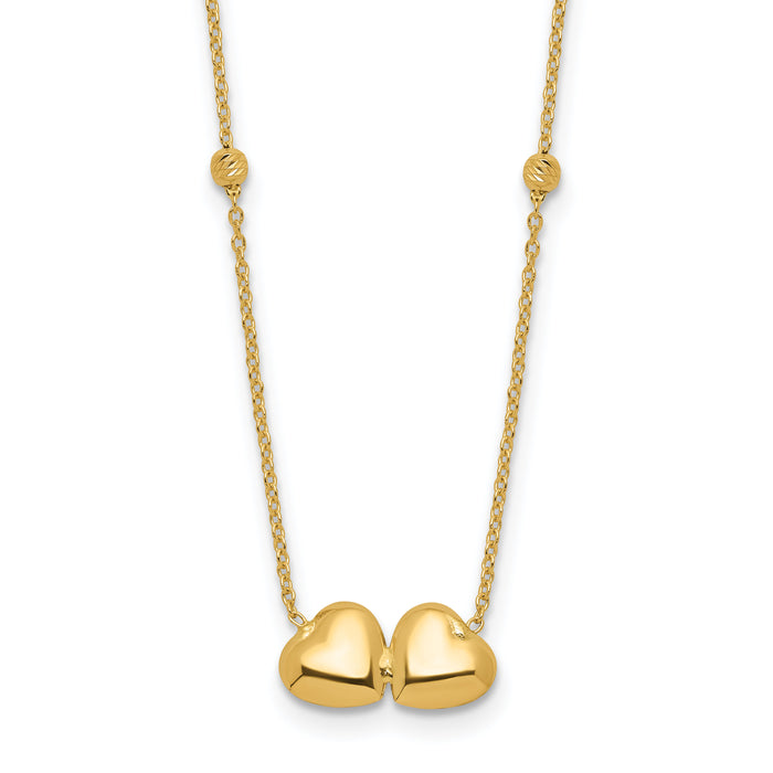 14K D/C Beaded Double Heart 16in w/2in ext. Necklace-SF3046-16
