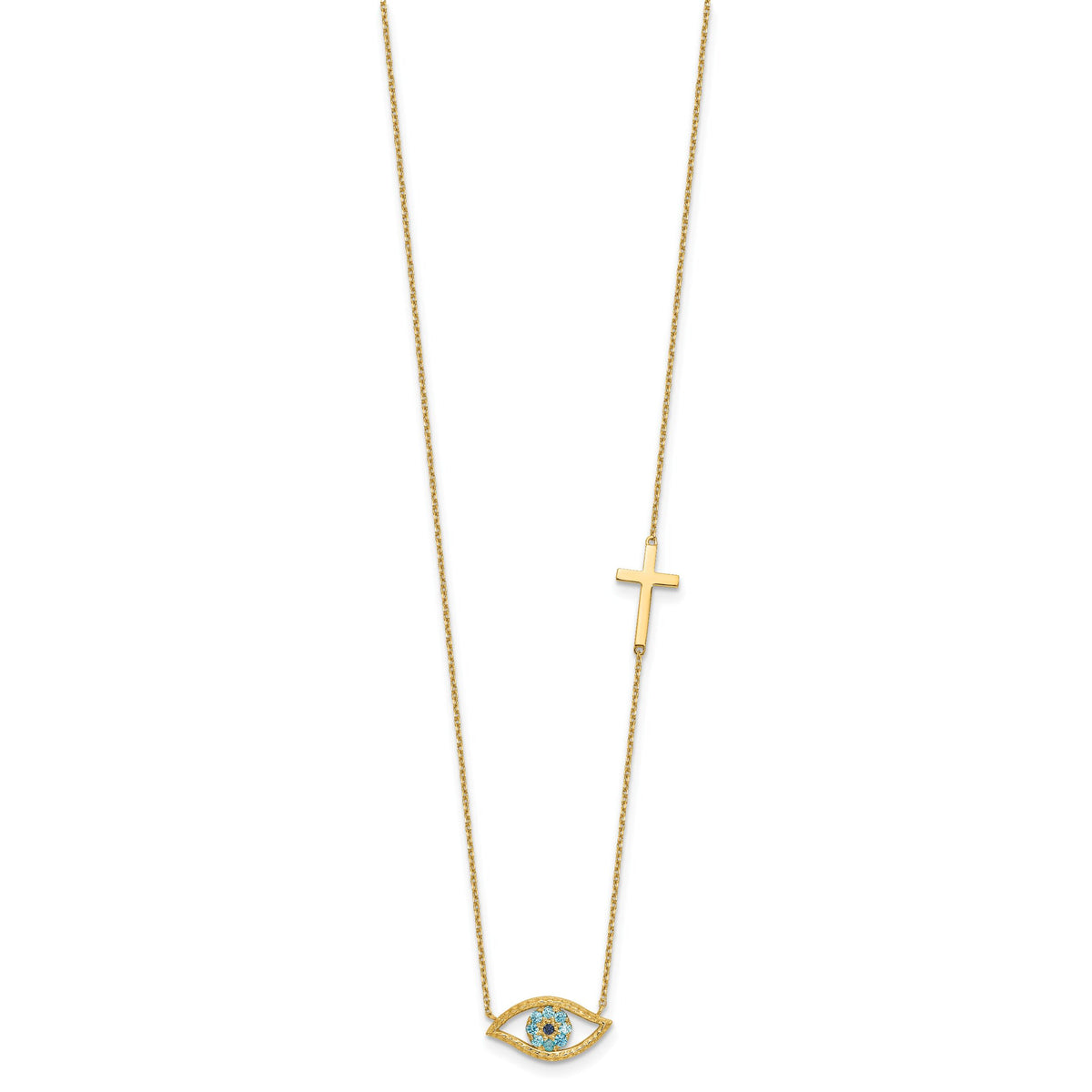 14K Polished CZ Evil Eye and Cross 18in with 2in ext. Necklace-SF3056-18