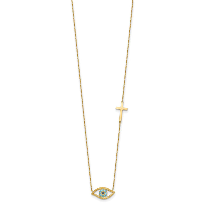 14K Polished CZ Evil Eye and Cross 18in with 2in ext. Necklace-SF3056-18