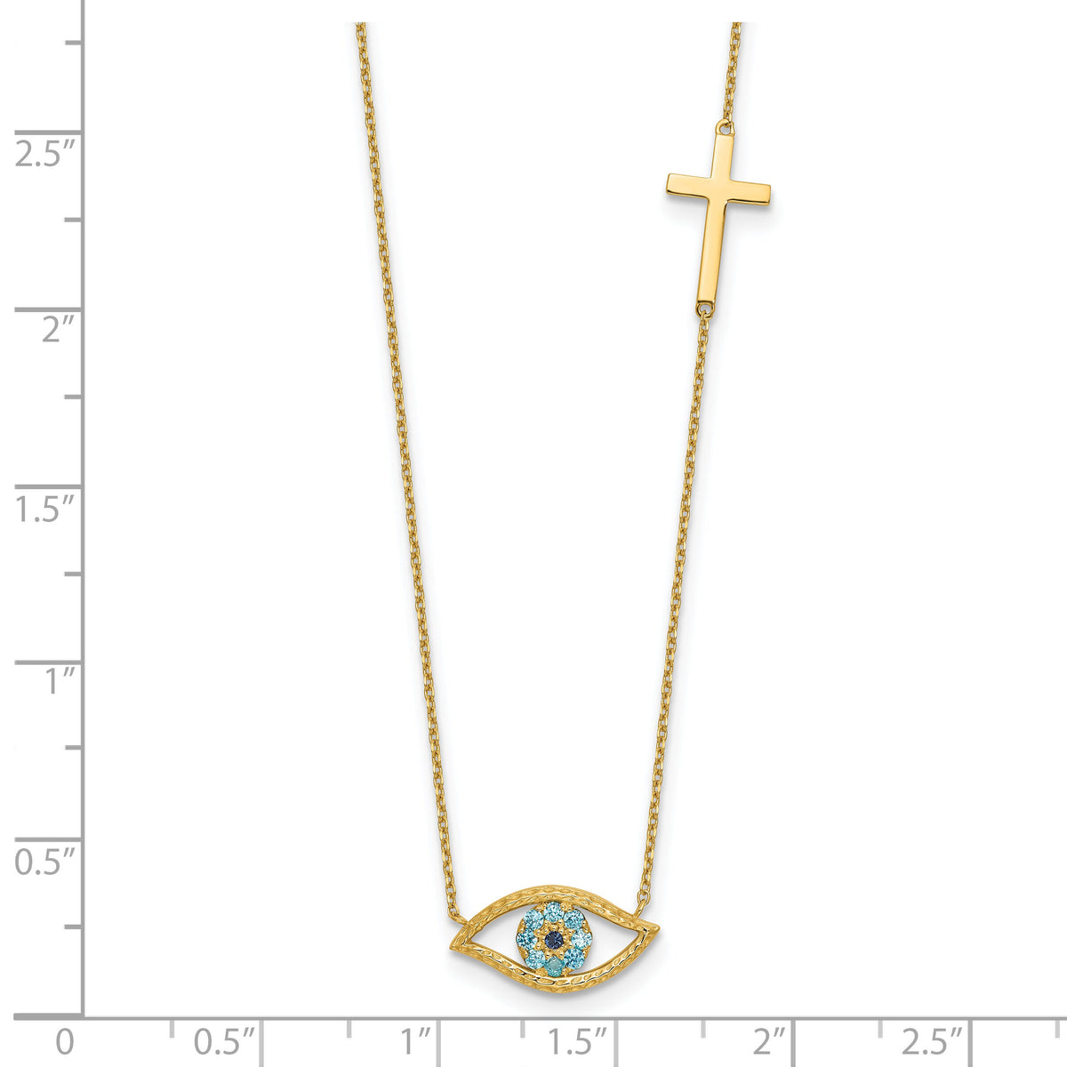 14K Polished CZ Evil Eye and Cross 18in with 2in ext. Necklace-SF3056-18