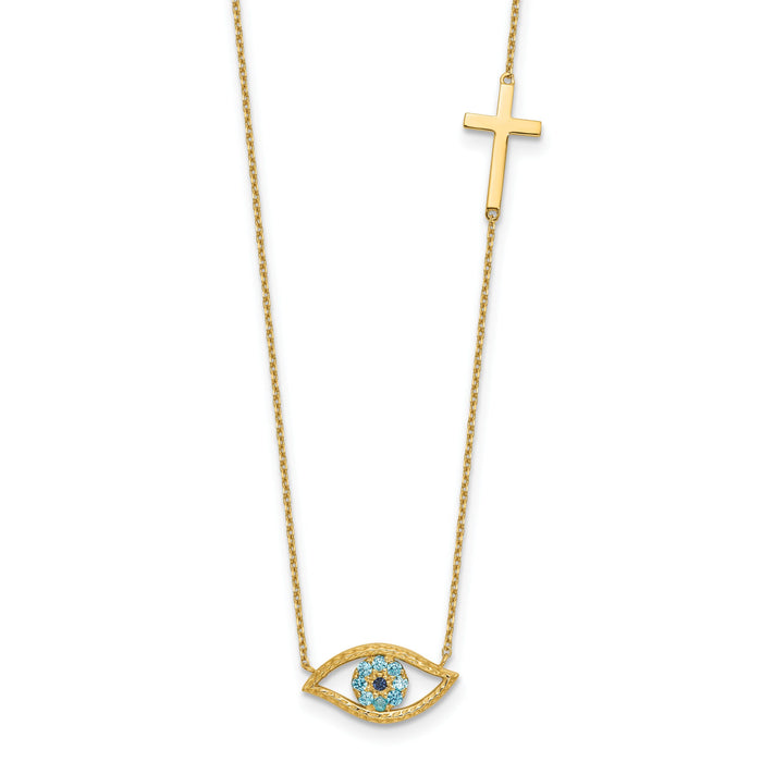 14K Polished CZ Evil Eye and Cross 18in with 2in ext. Necklace-SF3056-18