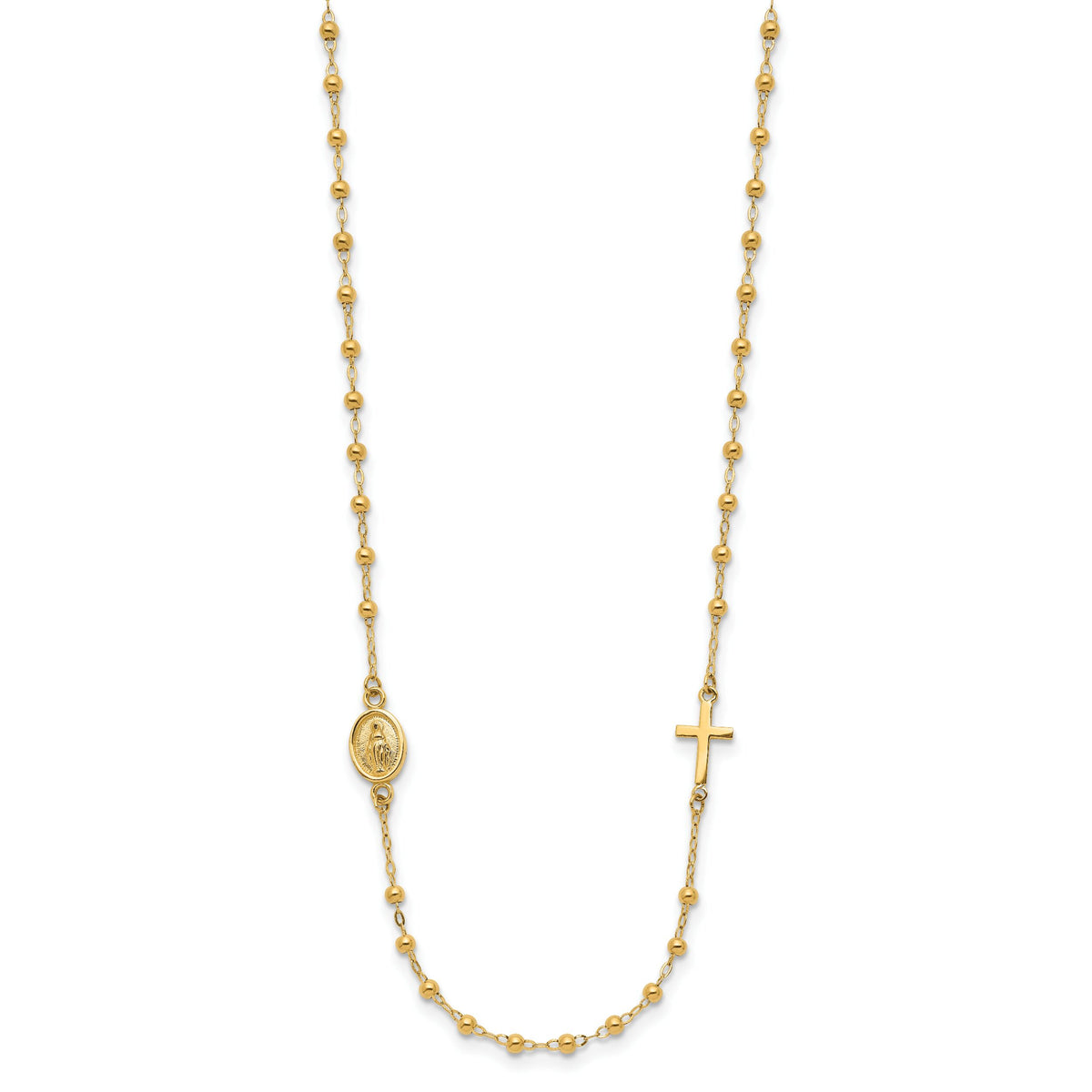 14K Polished Miraculous Medal and Cross Rosary Design Necklace-SF3057-16.5
