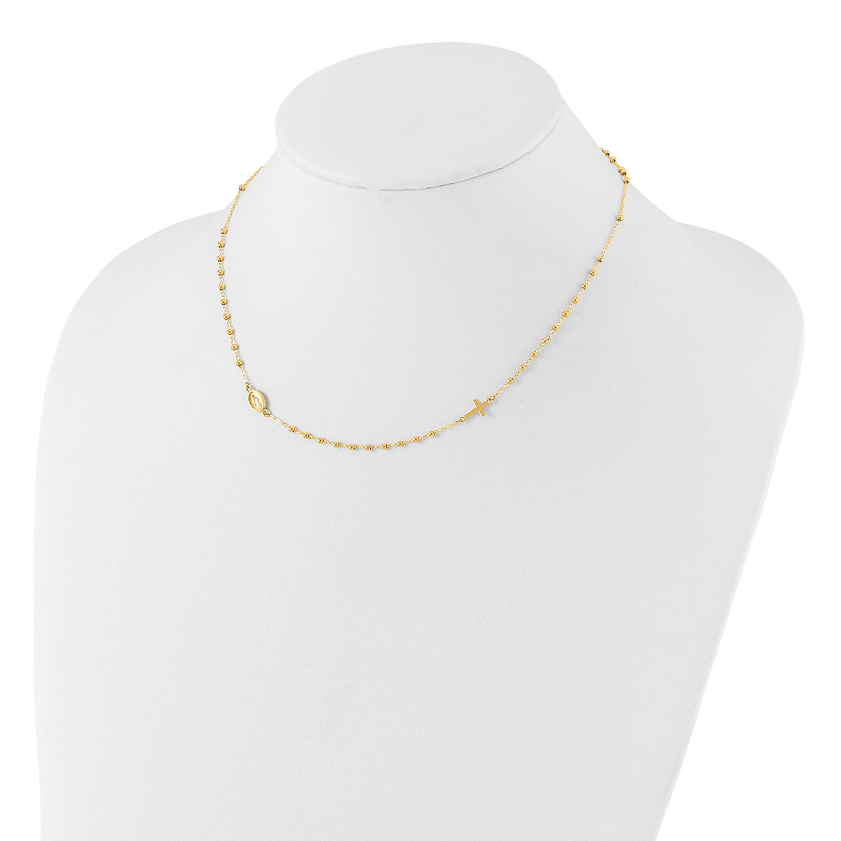 14K Polished Miraculous Medal and Cross Rosary Design Necklace-SF3057-16.5