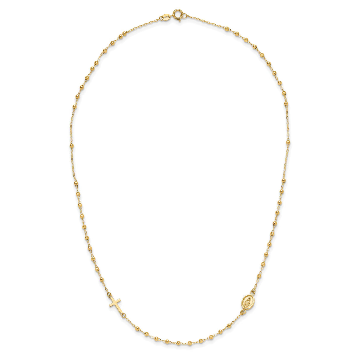 14K Polished Miraculous Medal and Cross Rosary Design Necklace-SF3057-16.5