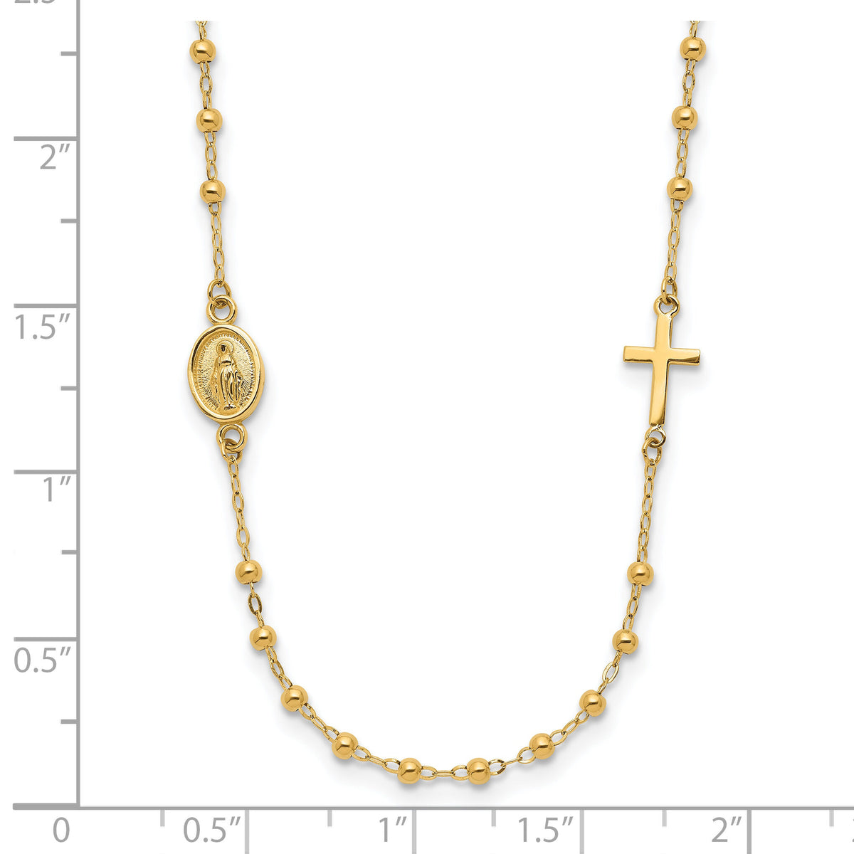 14K Polished Miraculous Medal and Cross Rosary Design Necklace-SF3057-16.5