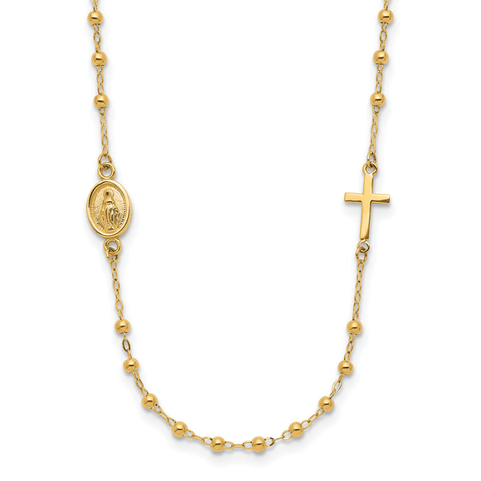 14K Polished Miraculous Medal and Cross Rosary Design Necklace-SF3057-16.5