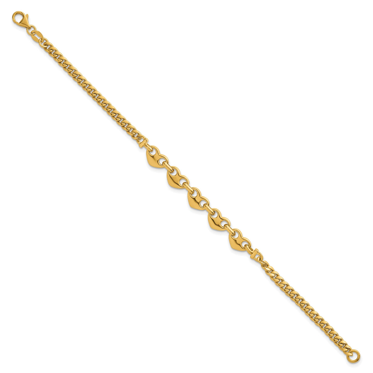14k Polished Hearts Curb Link 7inch Bracelet-SF3093-7