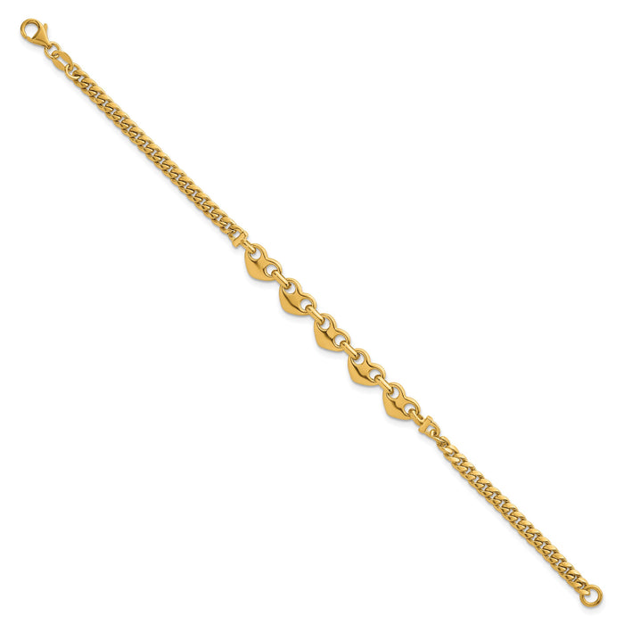 14k Polished Hearts Curb Link 7inch Bracelet-SF3093-7