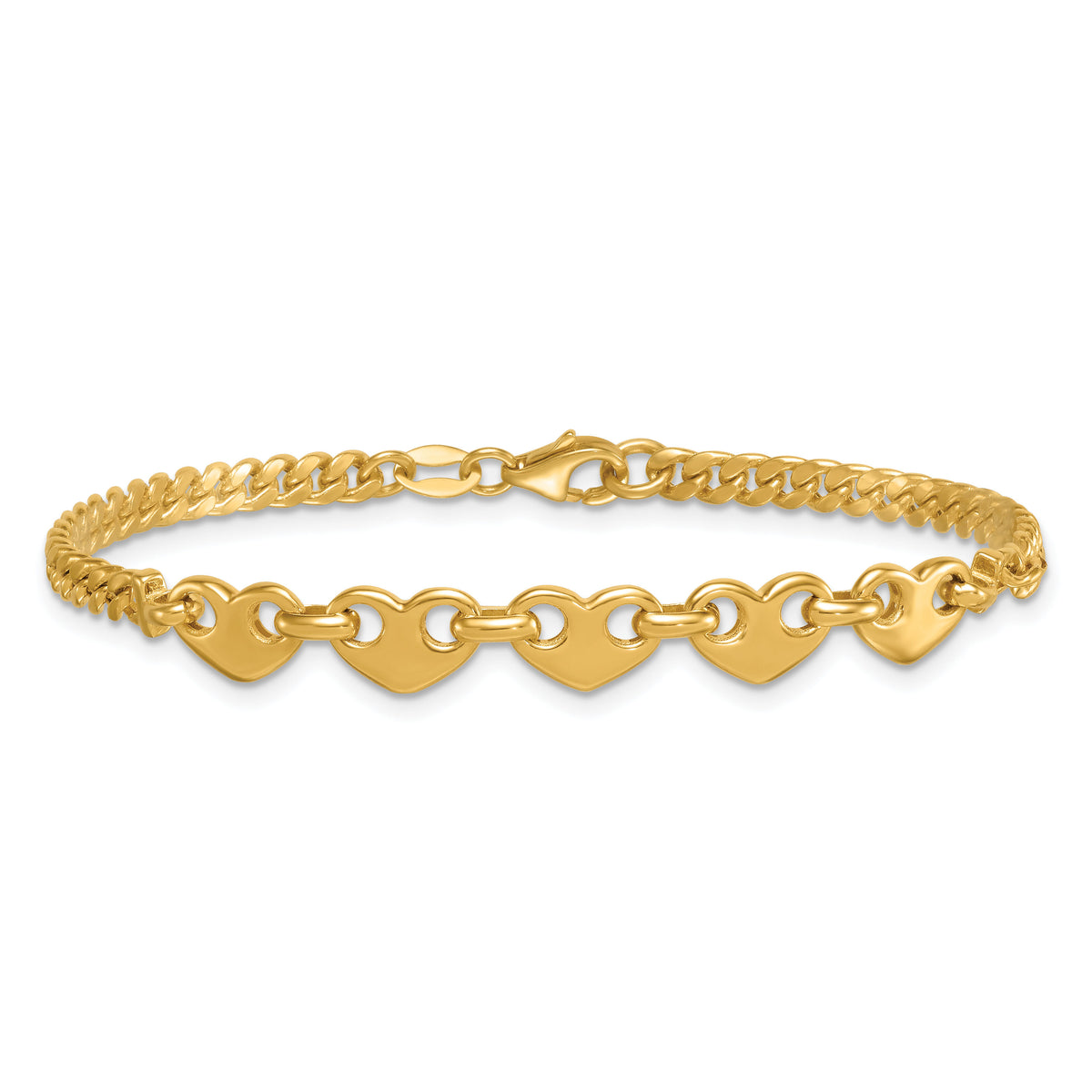 14k Polished Hearts Curb Link 7inch Bracelet-SF3093-7