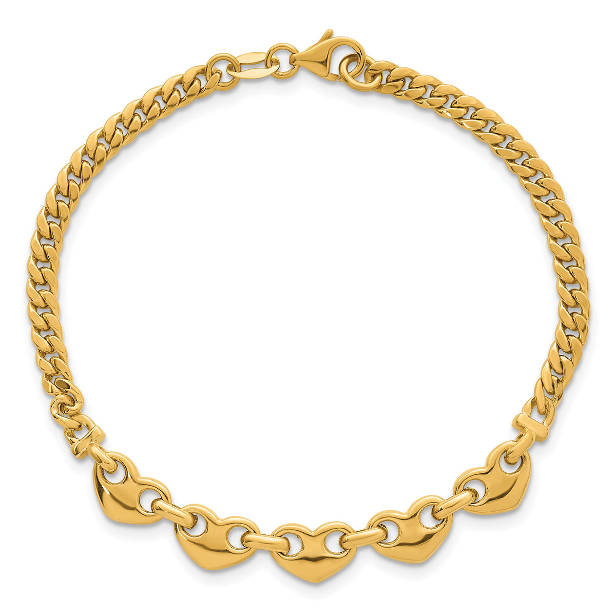 14k Polished Hearts Curb Link 7inch Bracelet-SF3093-7