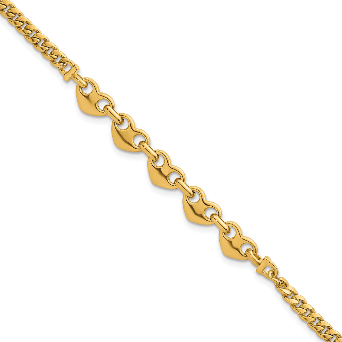 14k Polished Hearts Curb Link 7inch Bracelet-SF3093-7