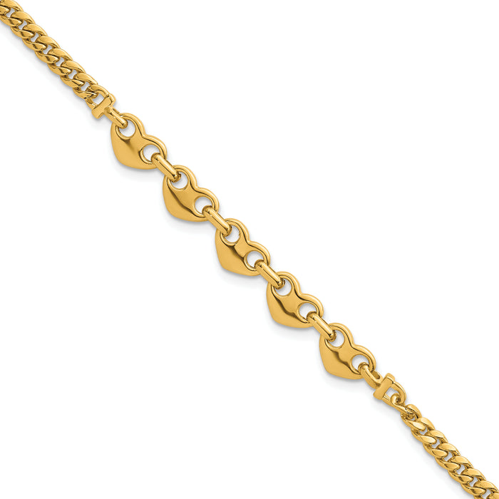 14k Polished Hearts Curb Link 7inch Bracelet-SF3093-7