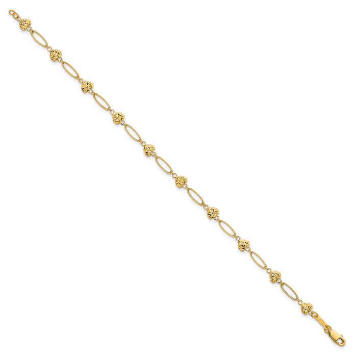 14k Polished Oval Link w D/C Puffed Hearts 7.5in Bracelet-SF3094-7.5