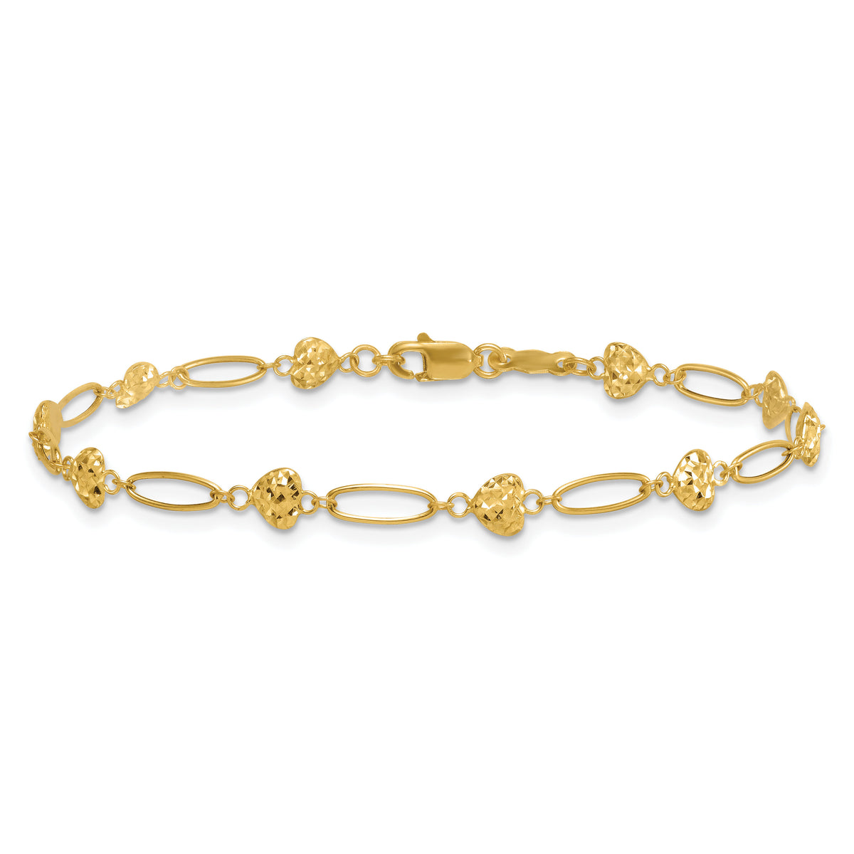 14k Polished Oval Link w D/C Puffed Hearts 7.5in Bracelet-SF3094-7.5