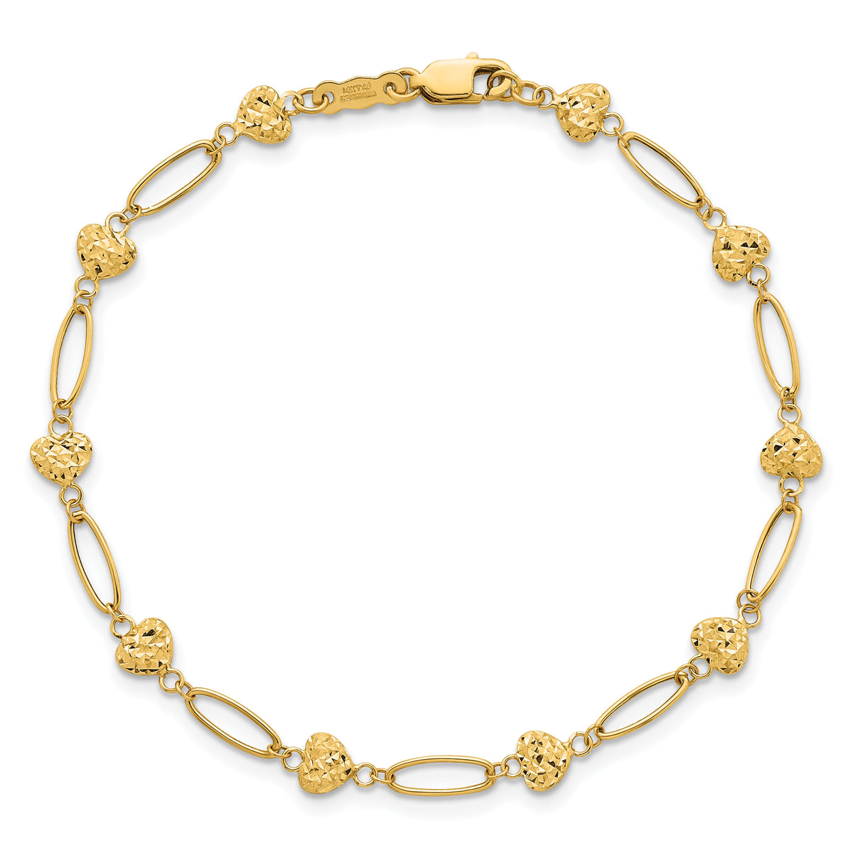 14k Polished Oval Link w D/C Puffed Hearts 7.5in Bracelet-SF3094-7.5