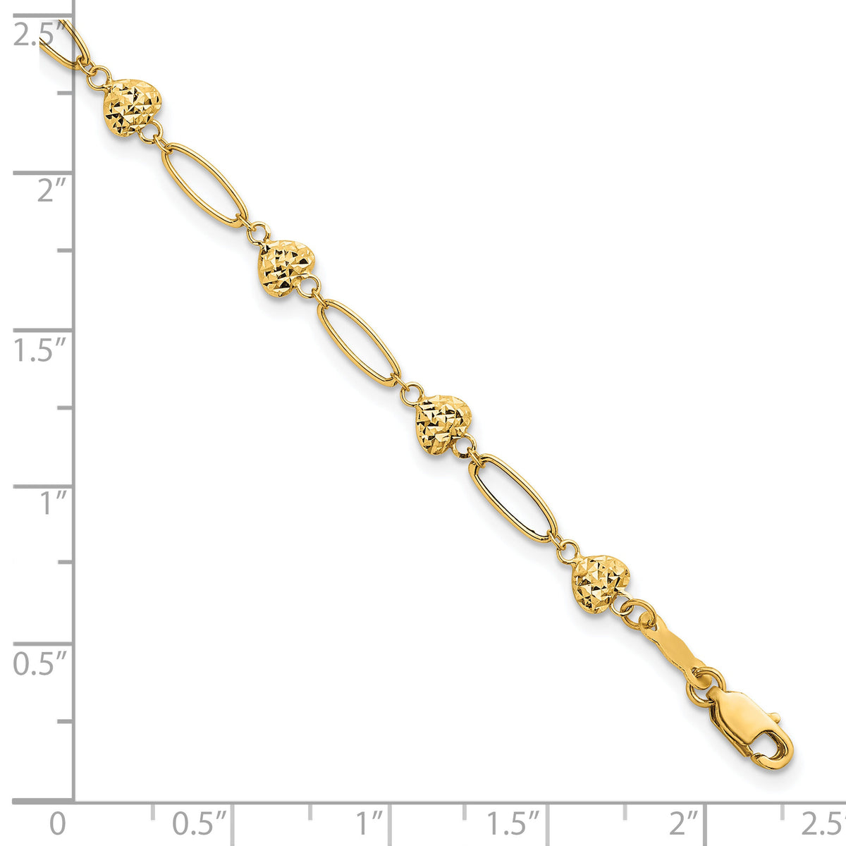 14k Polished Oval Link w D/C Puffed Hearts 7.5in Bracelet-SF3094-7.5