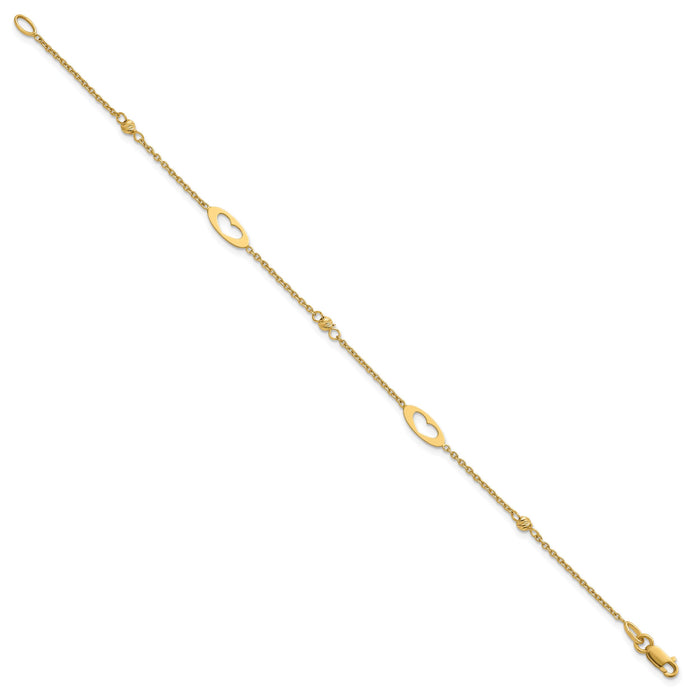 14k Polished Link Hearts and D/C Beads 7.5in Bracelet-SF3095-7.5