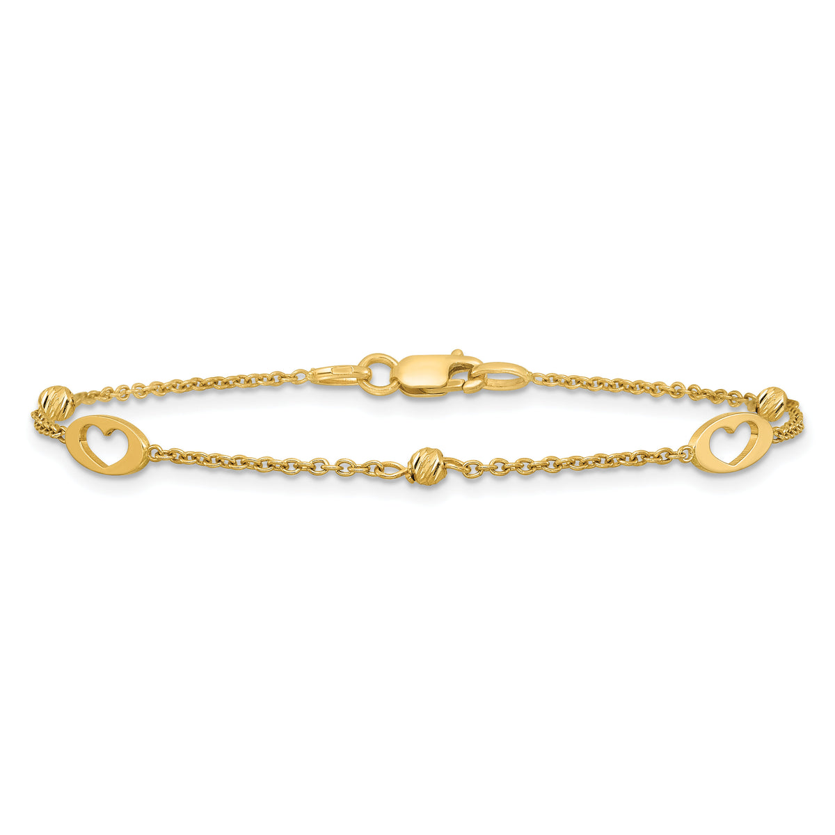 14k Polished Link Hearts and D/C Beads 7.5in Bracelet-SF3095-7.5