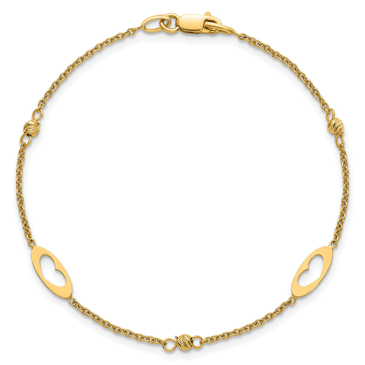 14k Polished Link Hearts and D/C Beads 7.5in Bracelet-SF3095-7.5
