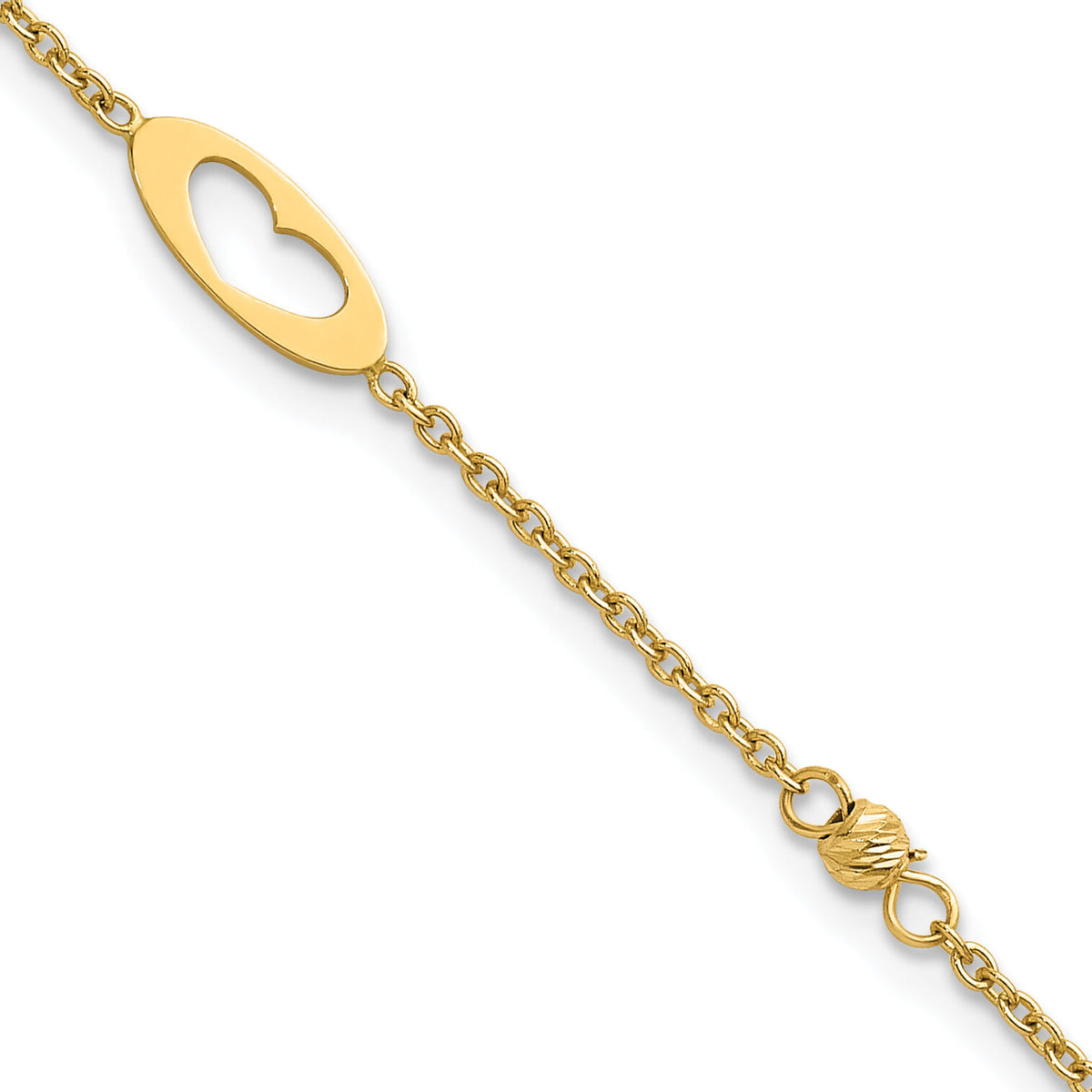 14k Polished Link Hearts and D/C Beads 7.5in Bracelet-SF3095-7.5