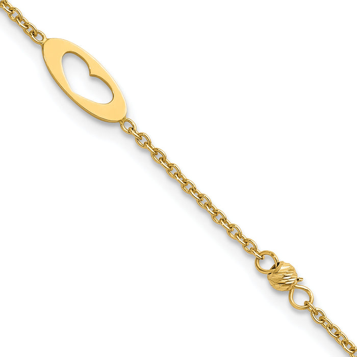 14k Polished Link Hearts and D/C Beads 7.5in Bracelet-SF3095-7.5