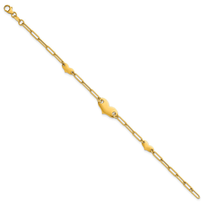 14k Polished Paperclip Link With Hearts 7.5in Bracelet-SF3097-7.5