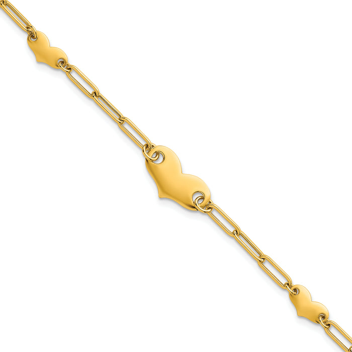 14k Polished Paperclip Link With Hearts 7.5in Bracelet-SF3097-7.5