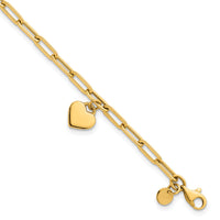14k Polished Dangle Heart 7.25in Paperclip Bracelet-SF3101-7.25