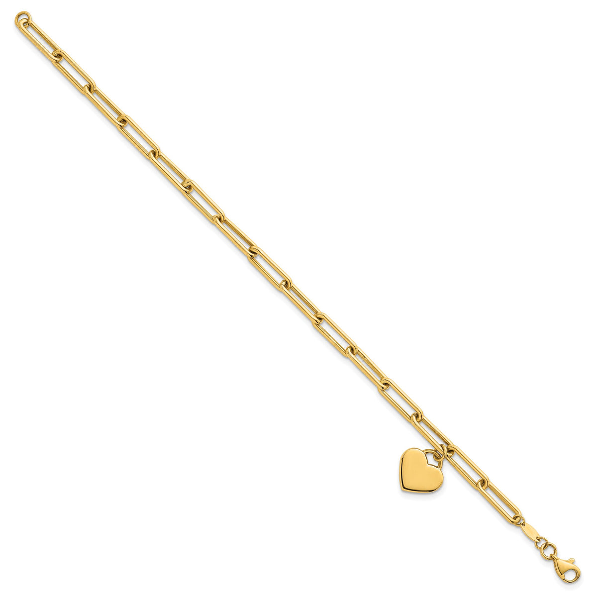 14k Polished Dangle Heart 7.5in Paperclip Bracelet-SF3102-7.5
