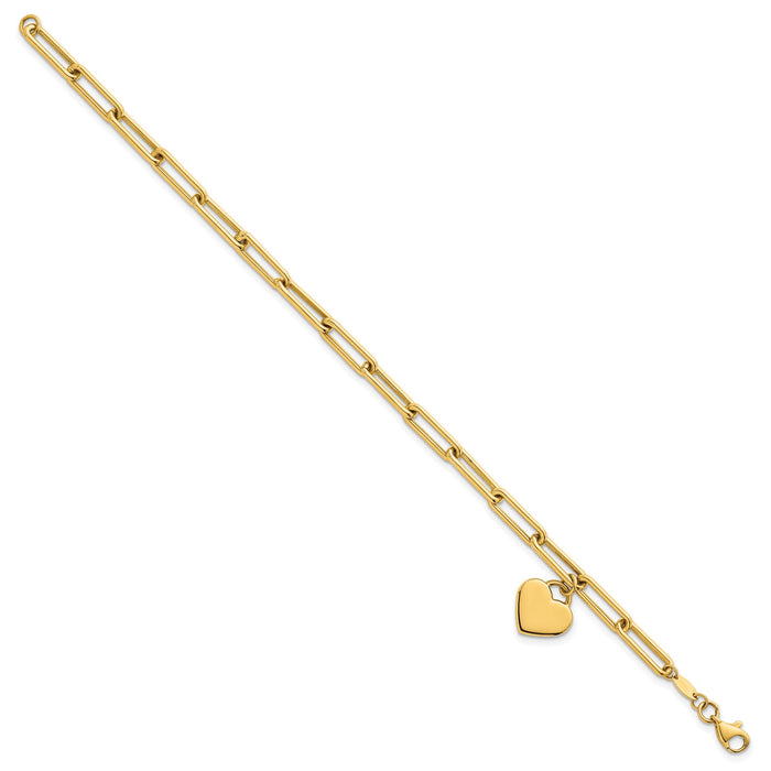 14k Polished Dangle Heart 7.5in Paperclip Bracelet-SF3102-7.5