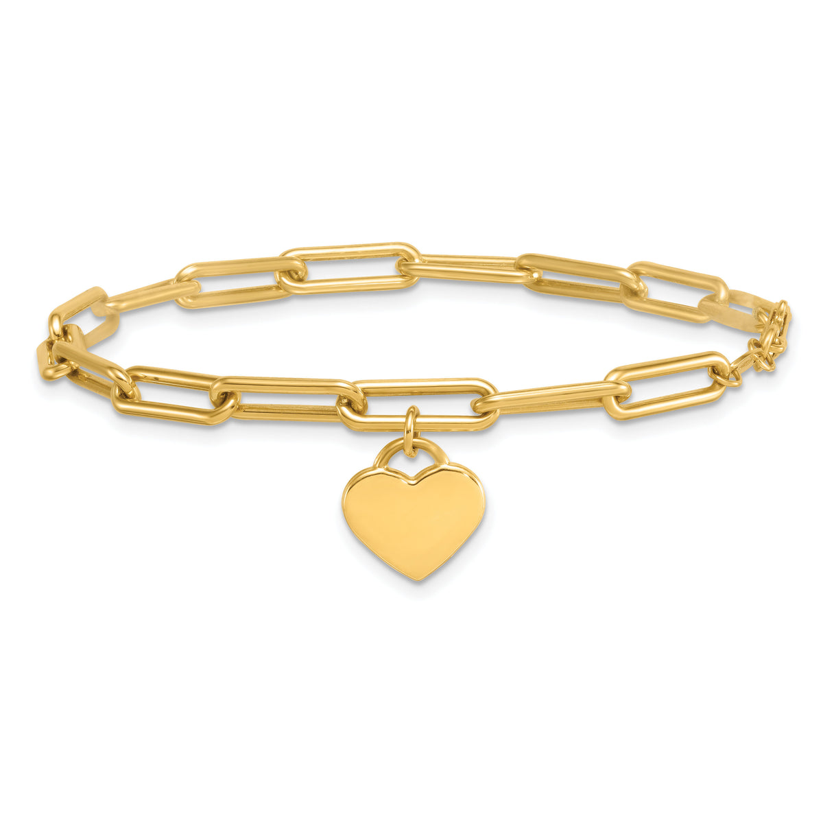14k Polished Dangle Heart 7.5in Paperclip Bracelet-SF3102-7.5