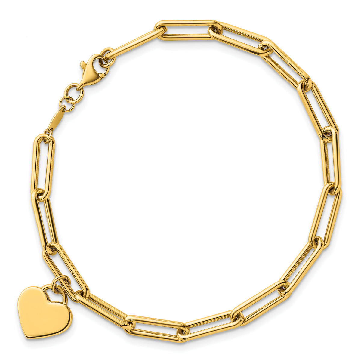 14k Polished Dangle Heart 7.5in Paperclip Bracelet-SF3102-7.5