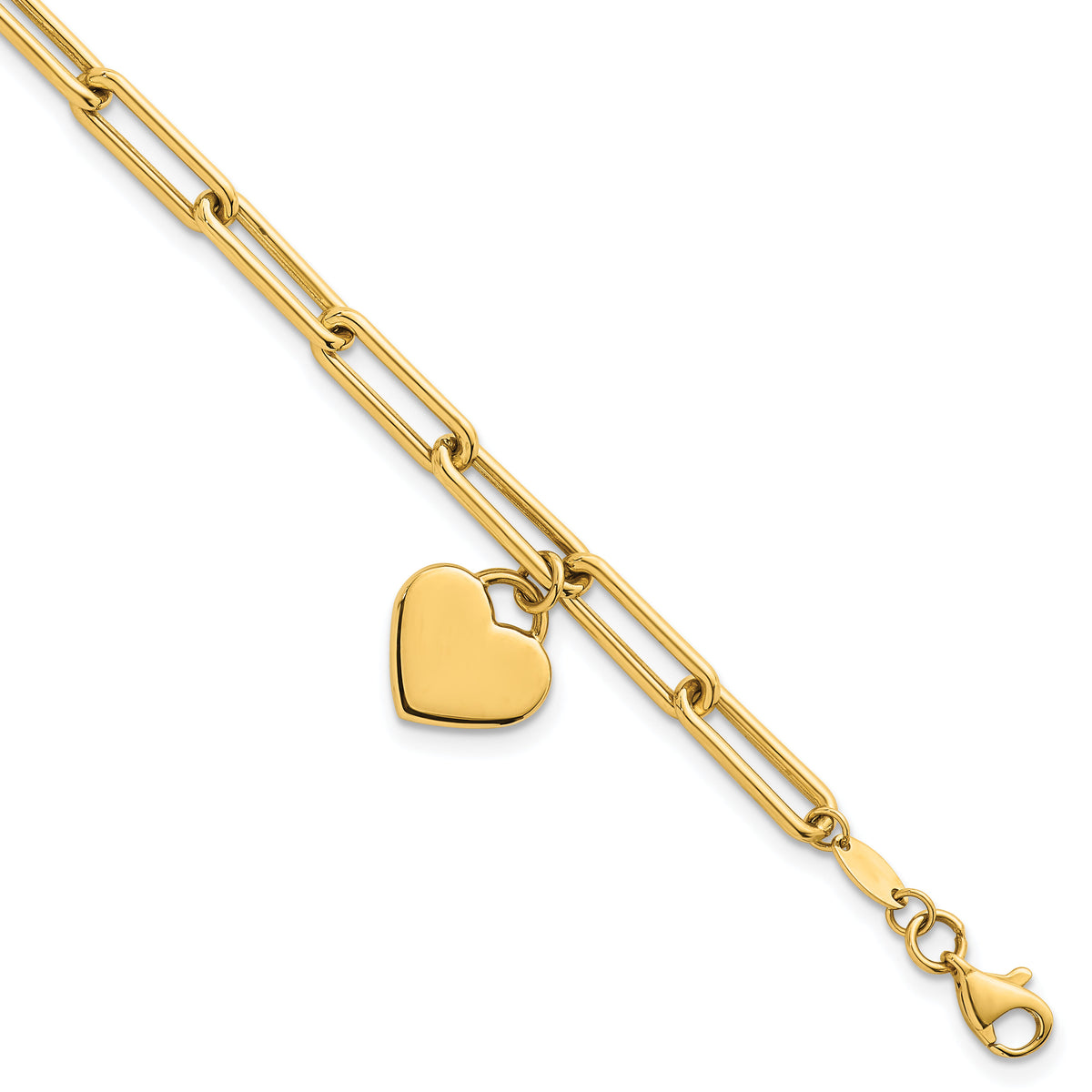 14k Polished Dangle Heart 7.5in Paperclip Bracelet-SF3102-7.5