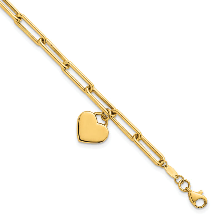 14k Polished Dangle Heart 7.5in Paperclip Bracelet-SF3102-7.5