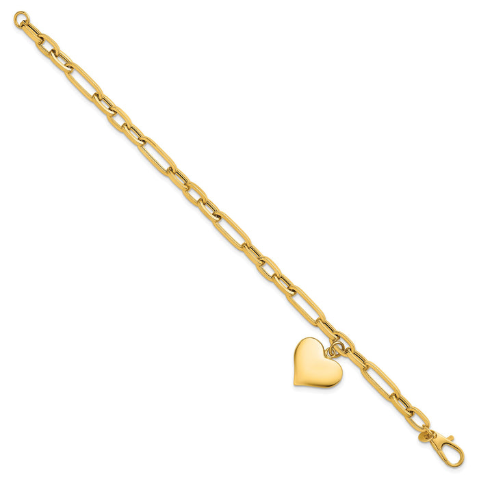 14k Polished Paperclip Link With Heart Dangle 7.5in Bracelet-SF3103-7.5