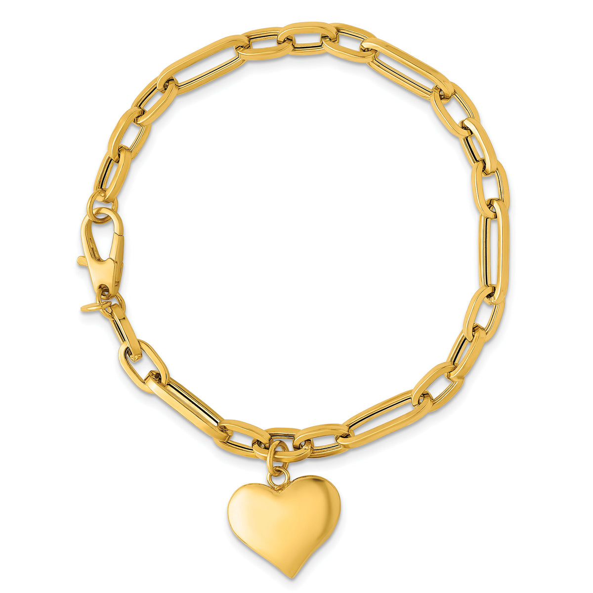 14k Polished Paperclip Link With Heart Dangle 7.5in Bracelet-SF3103-7.5