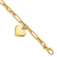 14k Polished Paperclip Link With Heart Dangle 7.5in Bracelet-SF3103-7.5