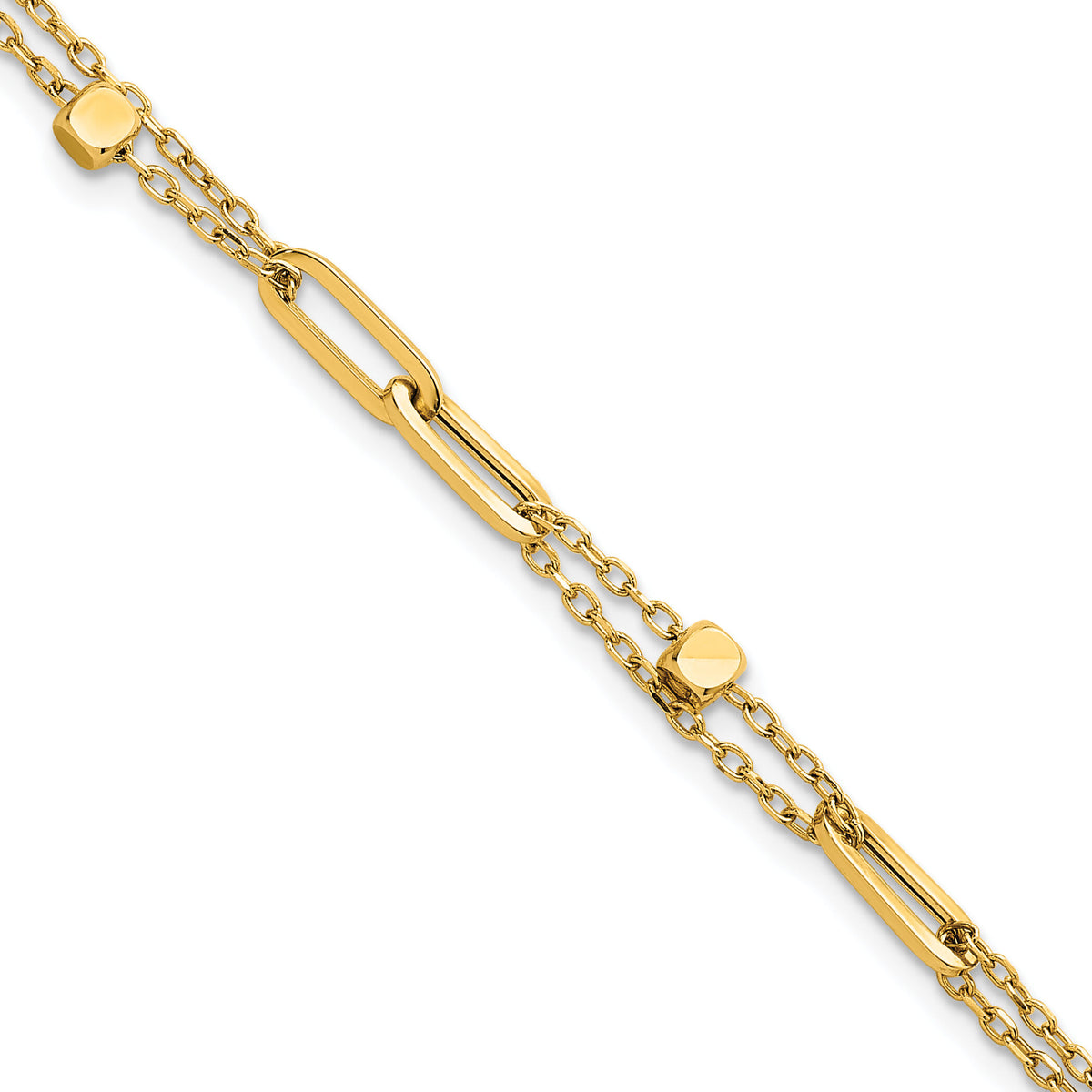 14K Polished and Beaded 2-Strand Fancy Link 7.5 Inch Bracelet-SF3110-7.5